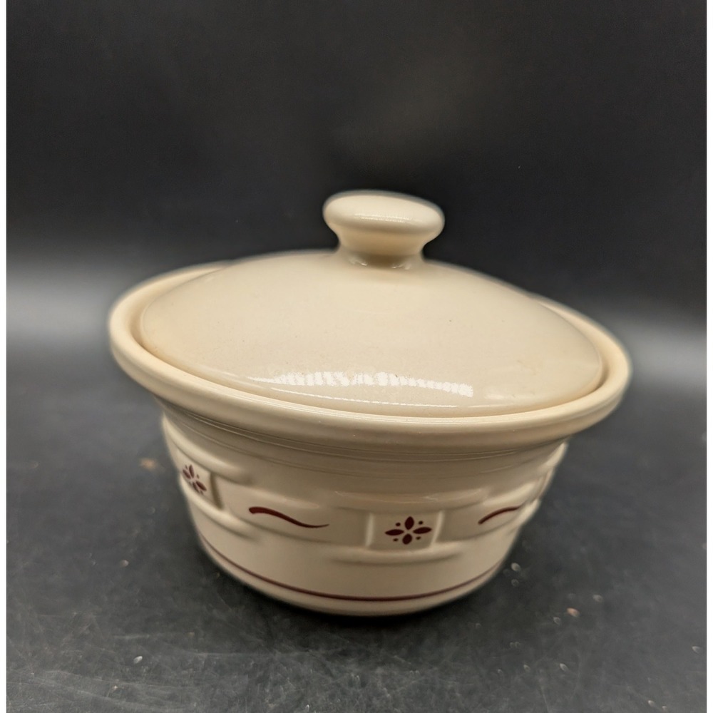 Longaberger Pottery Woven Traditions Ivory Heritage Covered Crock Burgundy USA